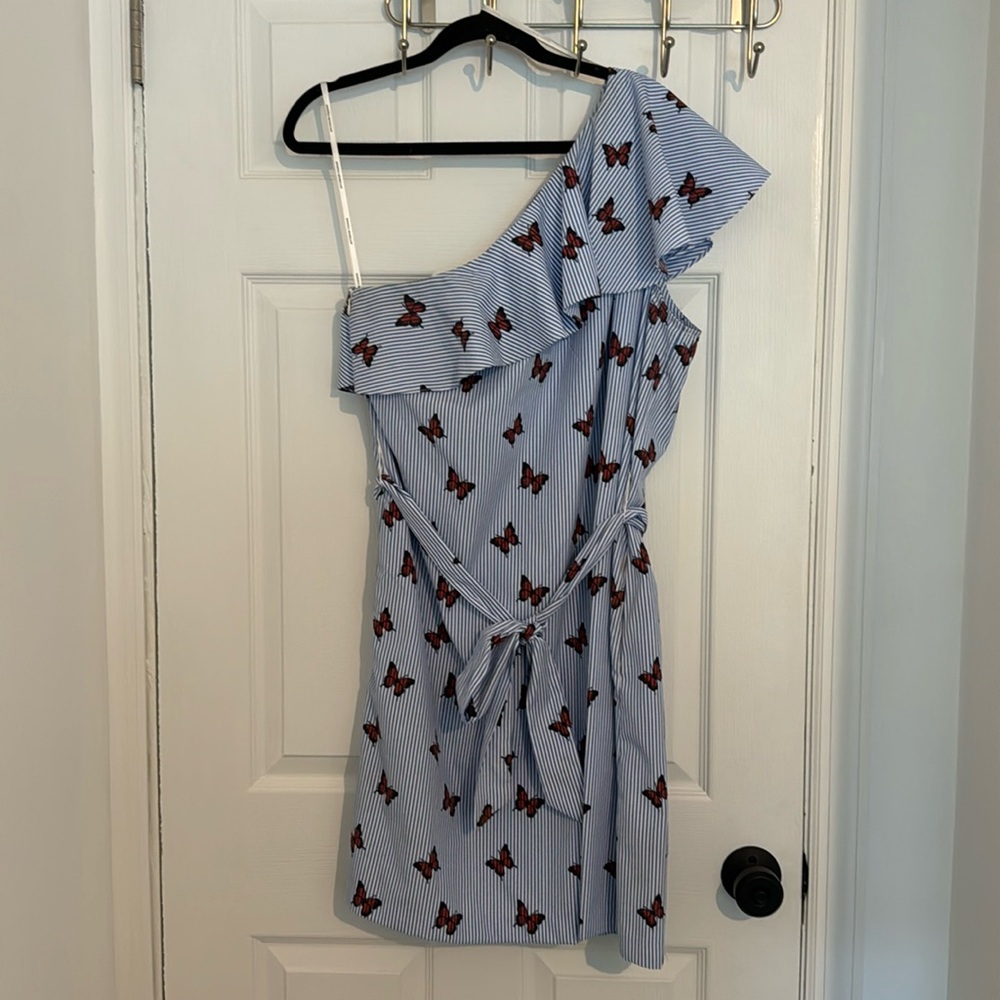 Donna Morgan Blue & White Striped Butterfly One Shoulder Dress - Size 16